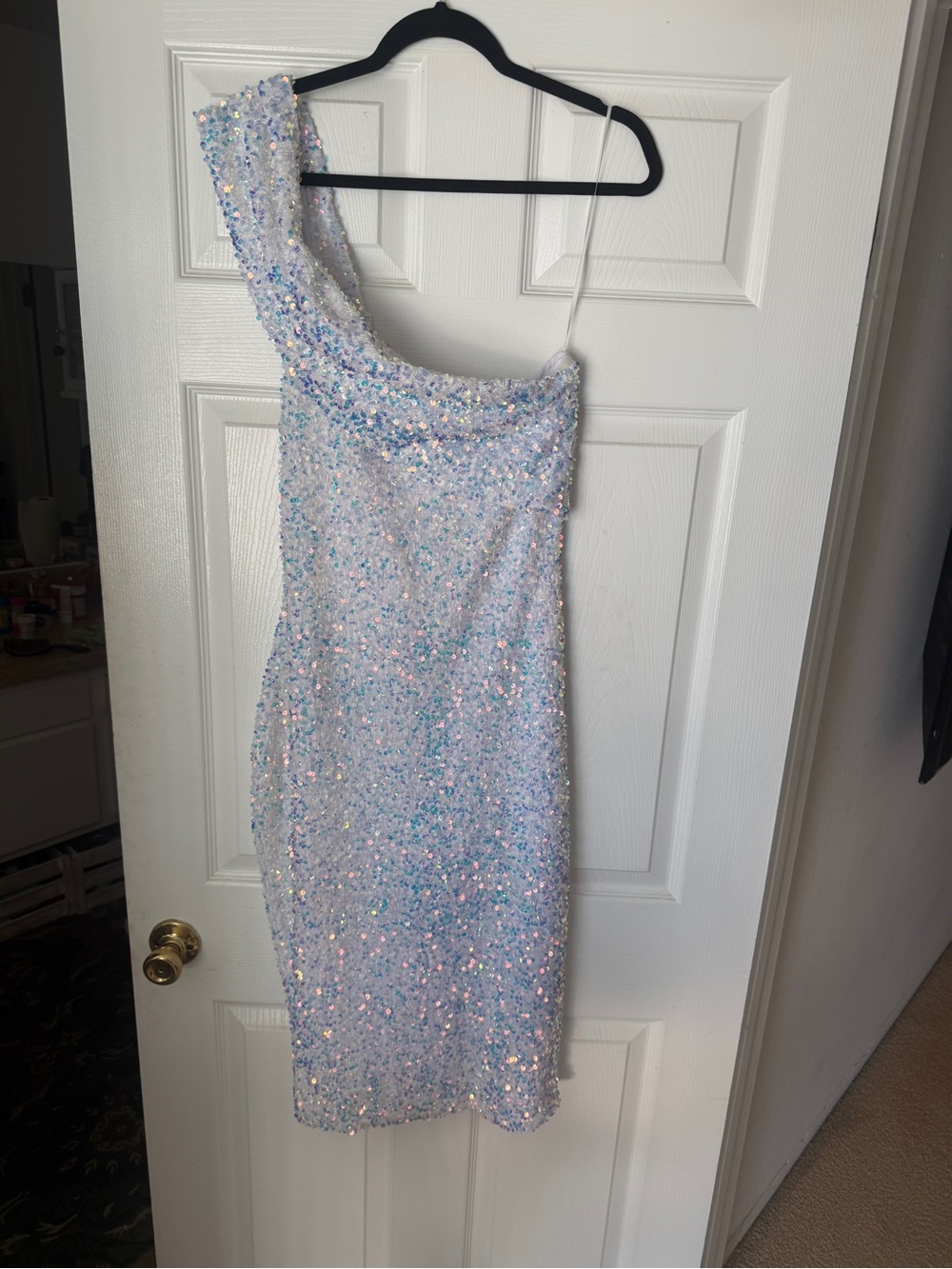 Velvi Special Occasion White Iridescent Sequin One Shoulder MIDI  Dress Sz L